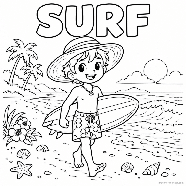 coloriage surf cute surfeur chapeau plage planche titre haut - dessin gratuit &agrave; imprimer