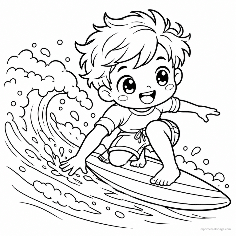 coloriage surf kawaii enfant virage vague - dessin gratuit &agrave; imprimer
