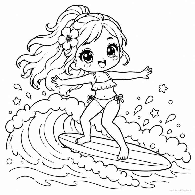 coloriage surf kawaii fille debout planche - dessin gratuit &agrave; imprimer
