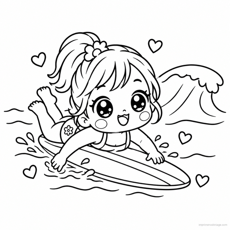 coloriage surf kawaii fille pagaie planche coeurs - dessin gratuit &agrave; imprimer