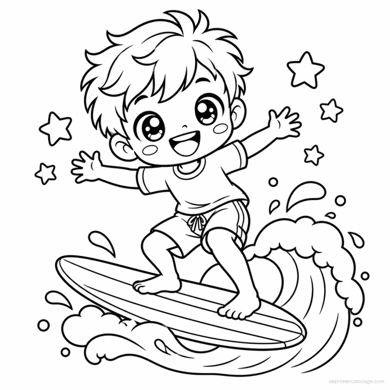 coloriage surf kawaii garcon vague etoiles - dessin gratuit &agrave; imprimer