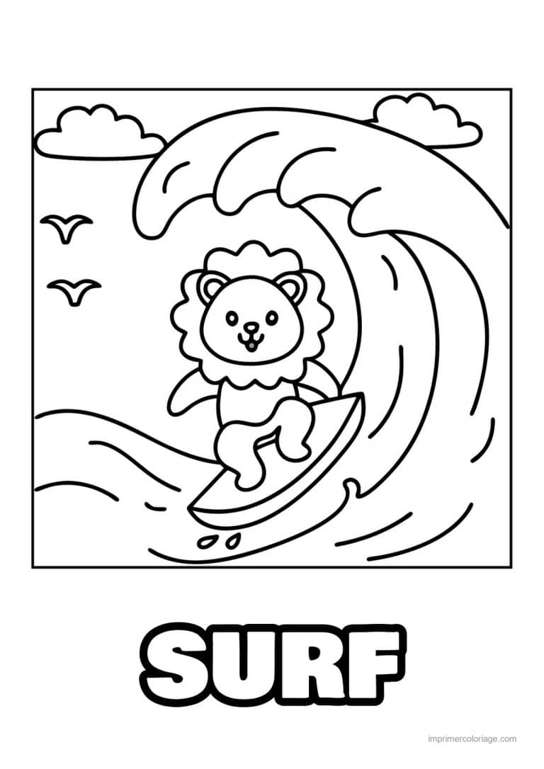 coloriage surf lion vague - dessin gratuit &agrave; imprimer