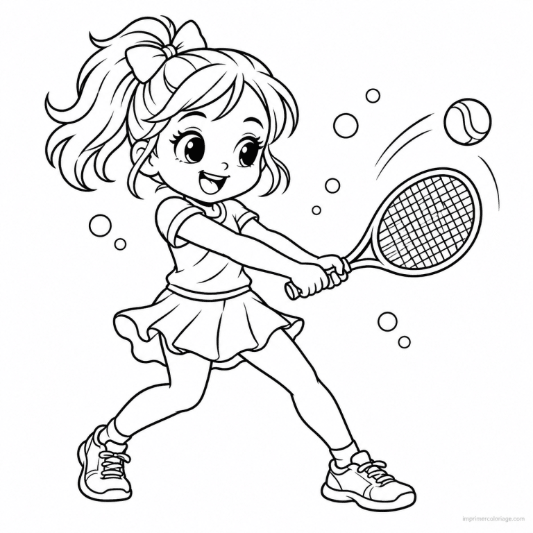 coloriage tennis cute fille revers noeud - dessin gratuit &agrave; imprimer