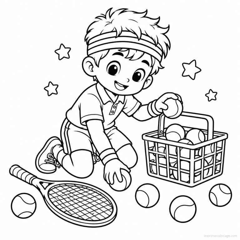 coloriage tennis cute garcon balles panier - dessin gratuit &agrave; imprimer