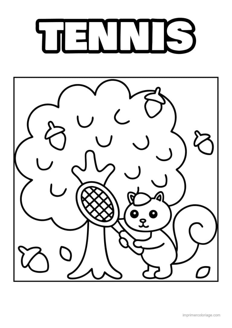 coloriage tennis ecureuil raquette arbre - dessin gratuit &agrave; imprimer