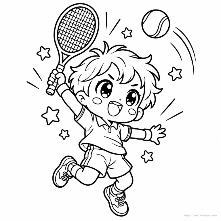 coloriage tennis kawaii enfant smash etoiles - dessin gratuit &agrave; imprimer