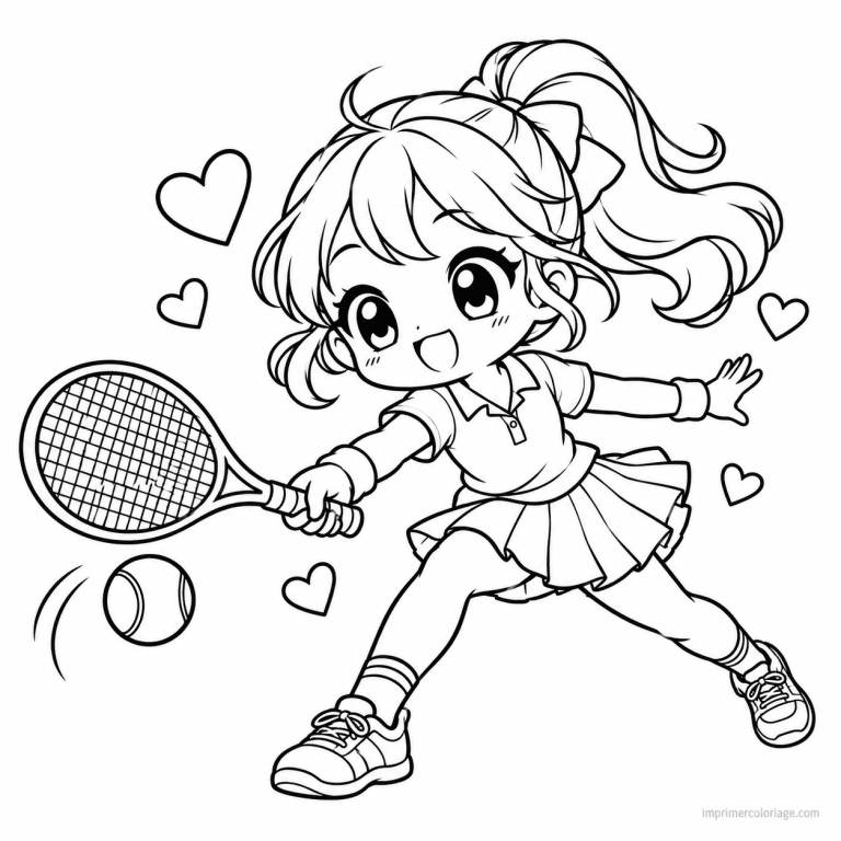 coloriage tennis kawaii fille retour coeurs - dessin gratuit &agrave; imprimer
