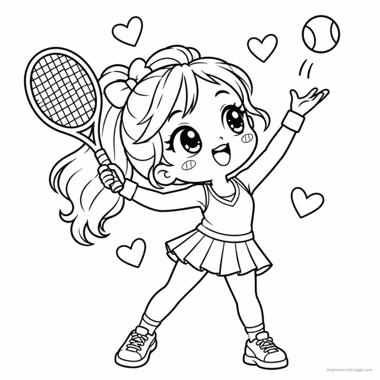 coloriage tennis kawaii fille service coeurs - dessin gratuit &agrave; imprimer