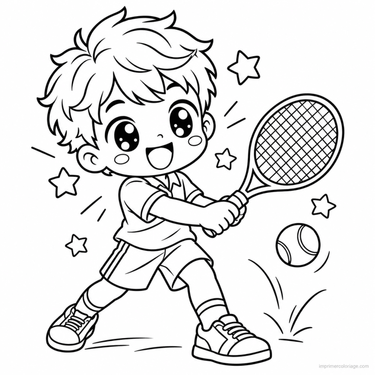 coloriage tennis kawaii garcon raquette etoiles - dessin gratuit &agrave; imprimer