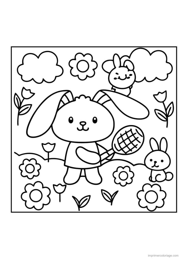 coloriage tennis lapin raquette fleurs - dessin gratuit &agrave; imprimer