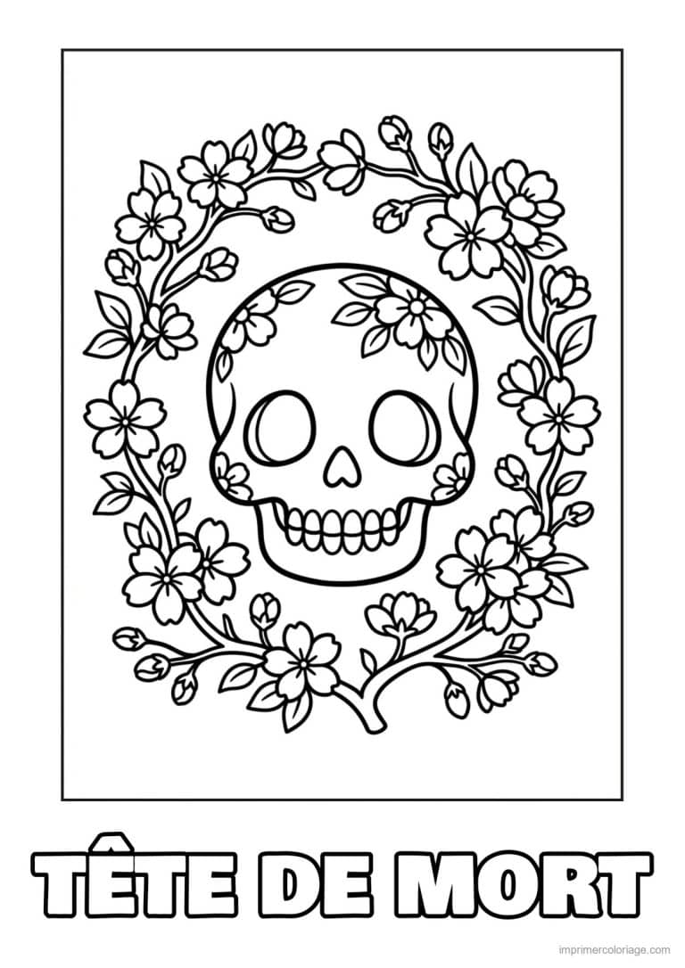 coloriage tete de mort branches fleuries - dessin gratuit &agrave; imprimer