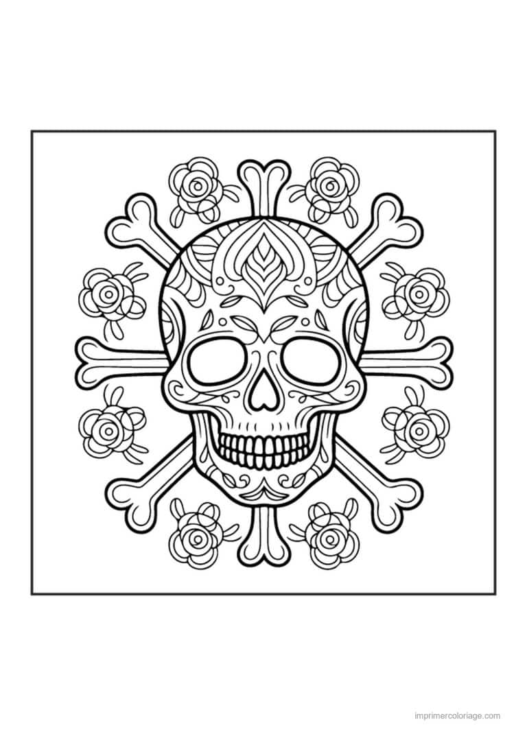 coloriage tete de mort calavera fleurie - dessin gratuit &agrave; imprimer