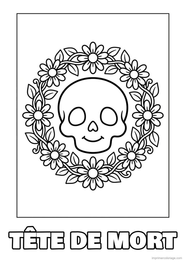 coloriage tete de mort cercle de marguerites - dessin gratuit &agrave; imprimer