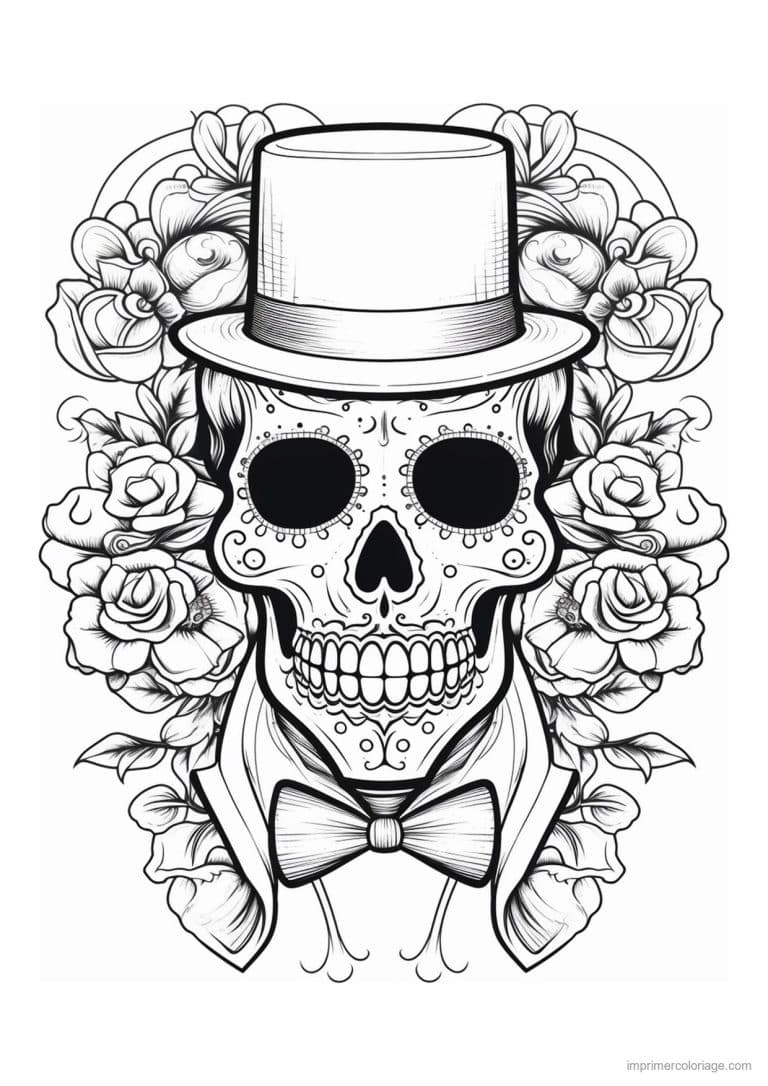 coloriage tete de mort chapeau et noeud papillon - dessin gratuit &agrave; imprimer