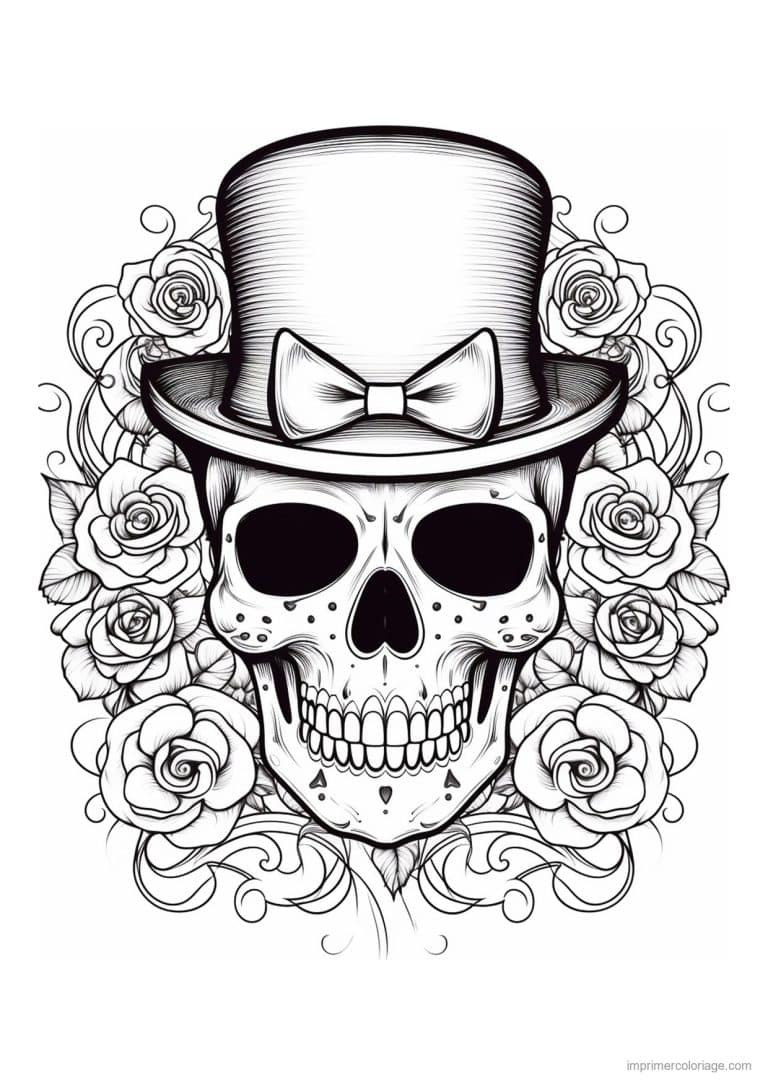 coloriage tete de mort chapeau et volutes - dessin gratuit &agrave; imprimer