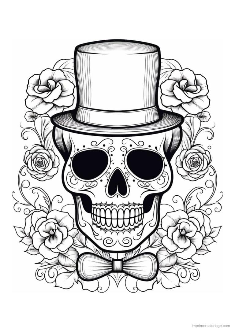 coloriage tete de mort chapeau fleuri - dessin gratuit &agrave; imprimer