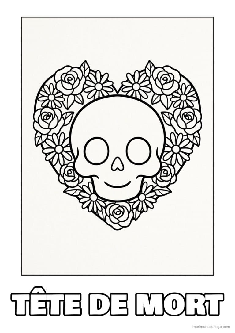 coloriage tete de mort coeur de fleurs - dessin gratuit &agrave; imprimer