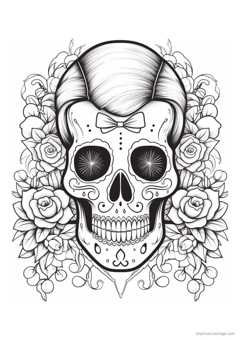 coloriage tete de mort coiffure et noeud - dessin gratuit &agrave; imprimer