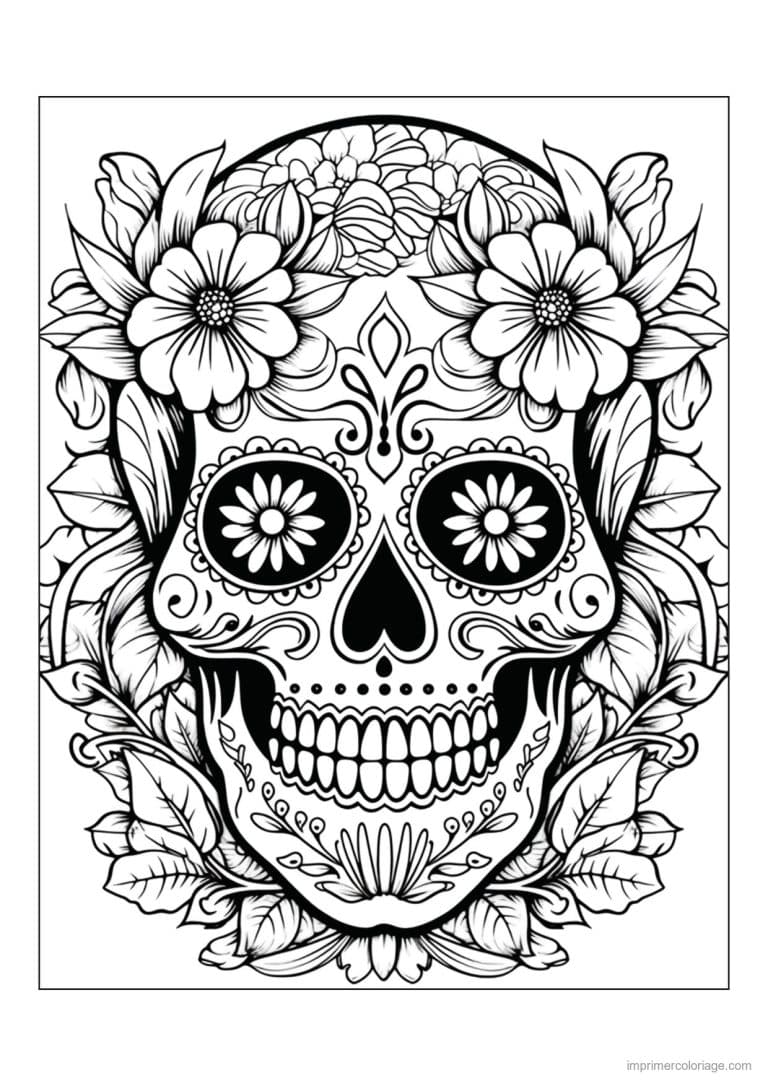 coloriage tete de mort couronne de fleurs - dessin gratuit &agrave; imprimer