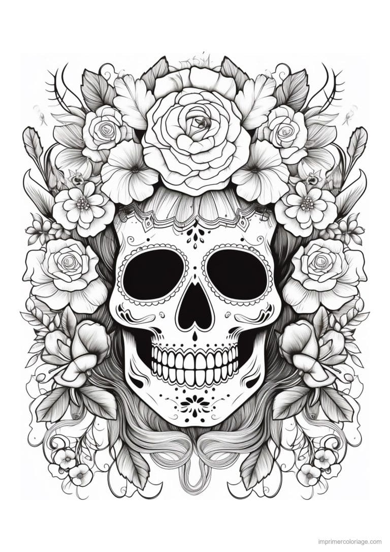 coloriage tete de mort couronne de roses - dessin gratuit &agrave; imprimer