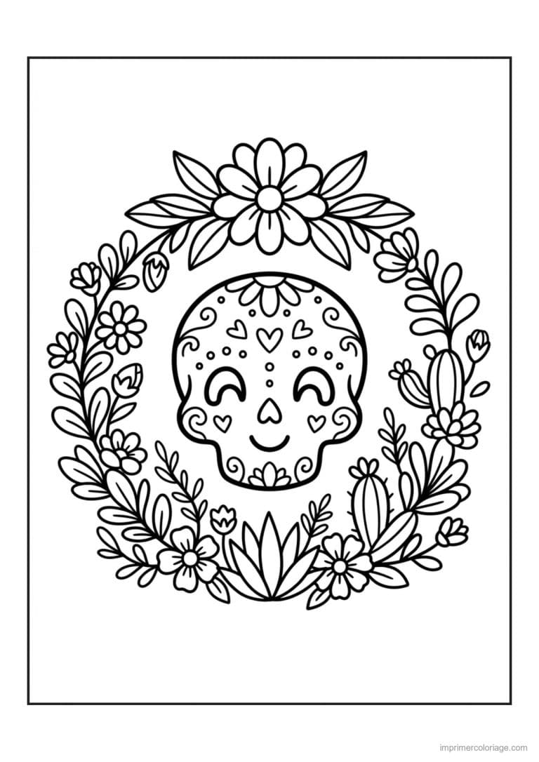 coloriage tete de mort couronne vegetale - dessin gratuit &agrave; imprimer