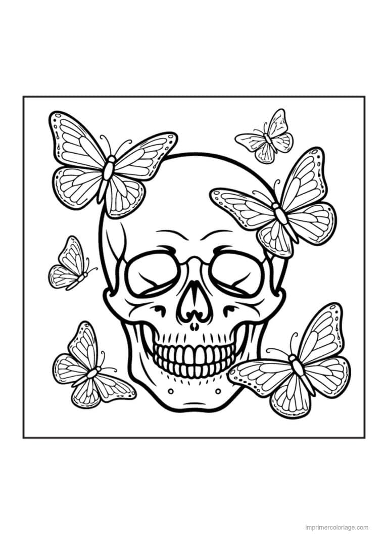 coloriage tete de mort crane aux papillons - dessin gratuit &agrave; imprimer