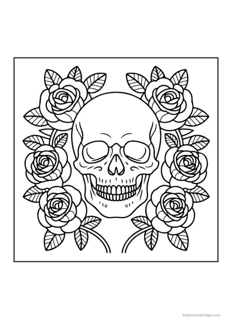 coloriage tete de mort crane entoure de roses - dessin gratuit &agrave; imprimer