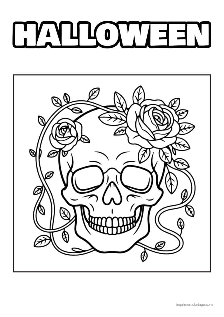 coloriage tete de mort crane et roses - dessin gratuit &agrave; imprimer