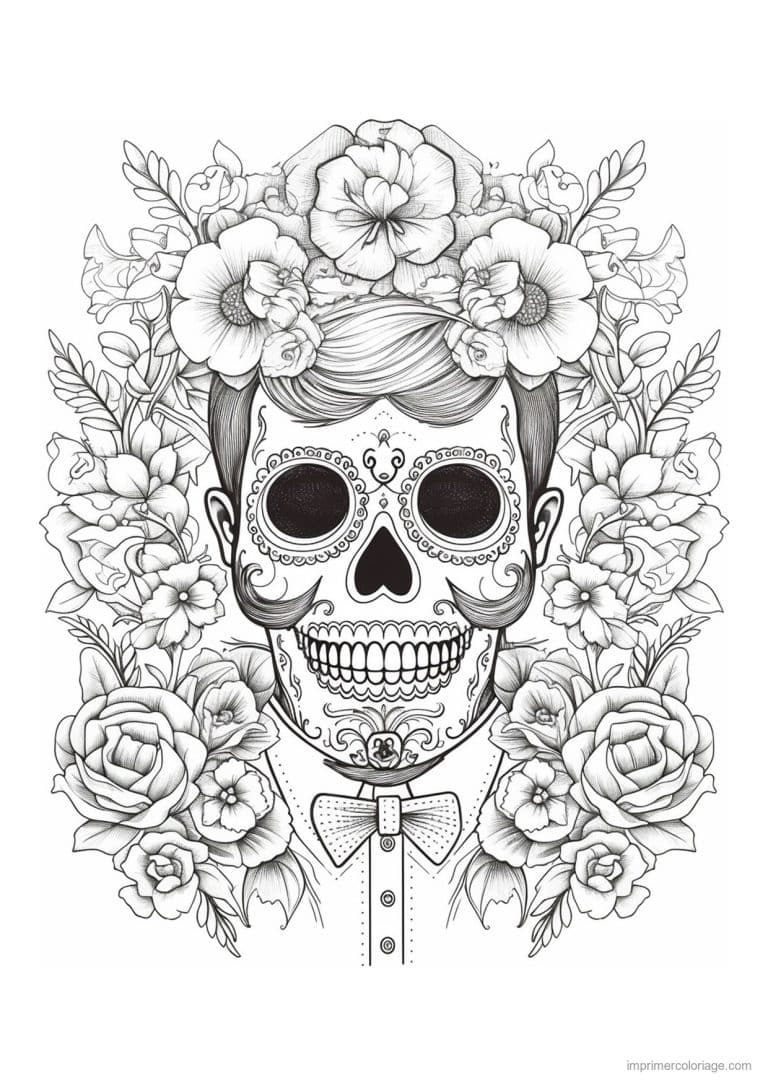 coloriage tete de mort en costume fleuri - dessin gratuit &agrave; imprimer