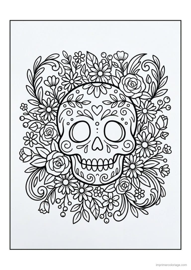 coloriage tete de mort entouree de fleurs - dessin gratuit &agrave; imprimer