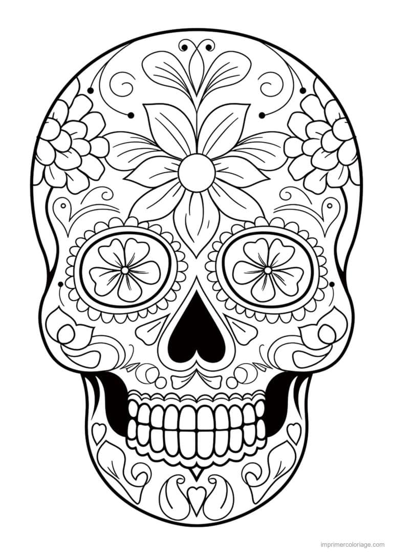 coloriage tete de mort fleur centrale - dessin gratuit &agrave; imprimer