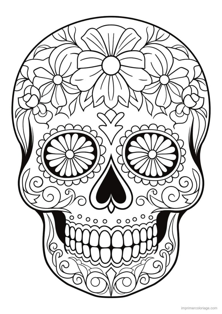 coloriage tete de mort fleur en couronne - dessin gratuit &agrave; imprimer