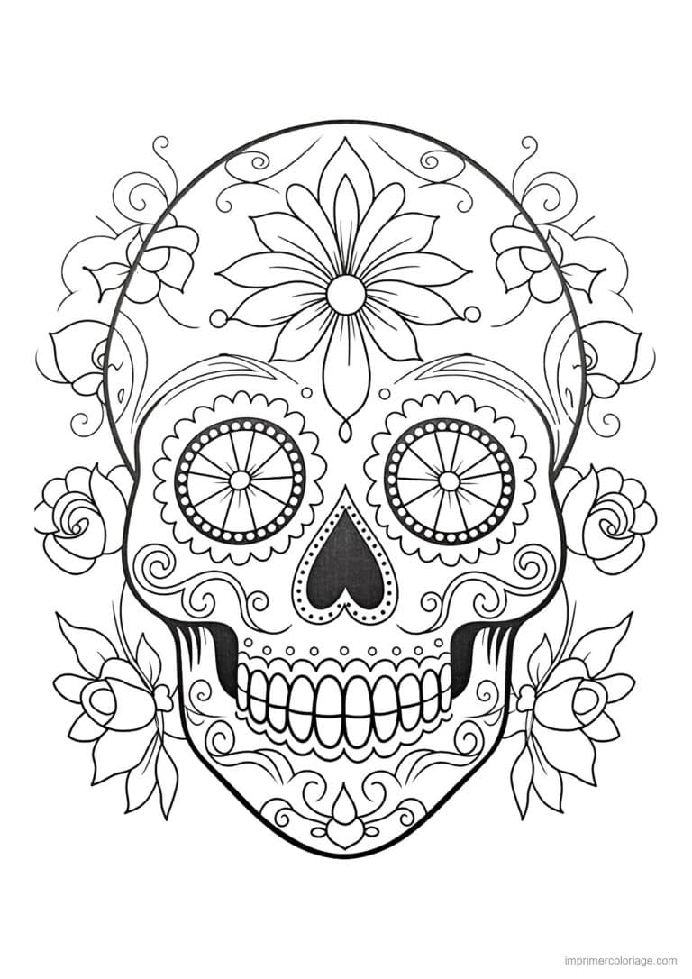 coloriage tete de mort fleur sur le front - dessin gratuit &agrave; imprimer