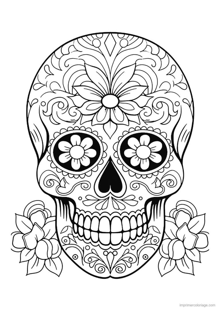 coloriage tete de mort fleurs au menton - dessin gratuit &agrave; imprimer