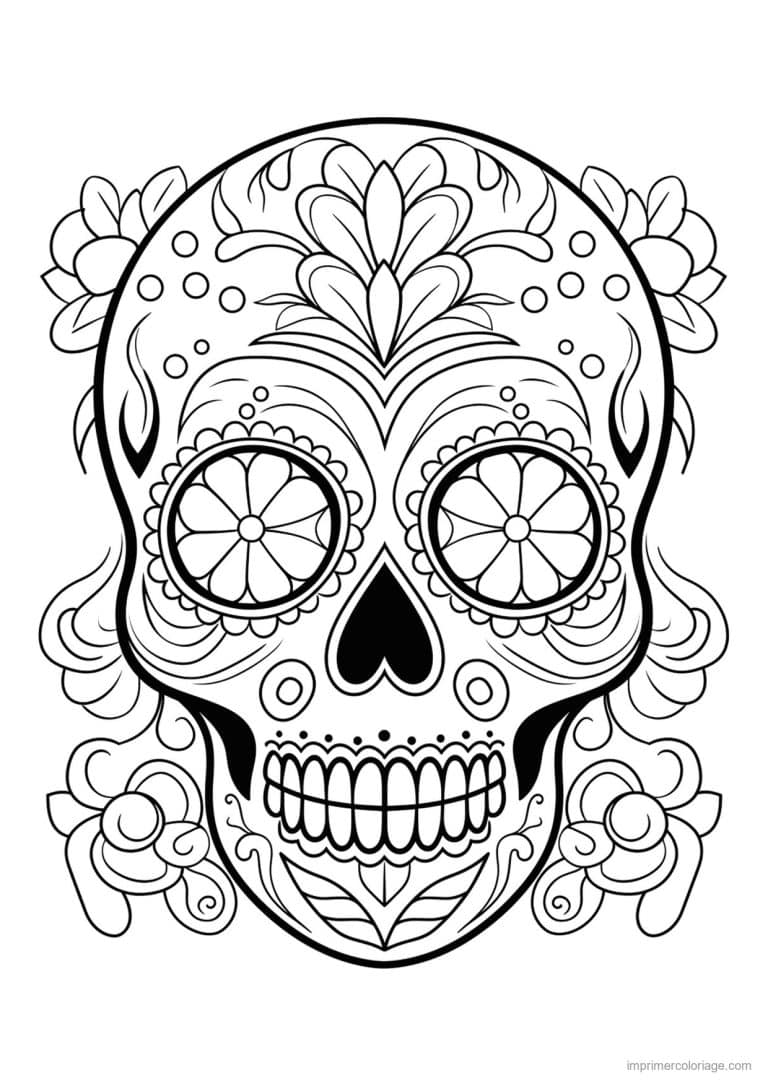 coloriage tete de mort fleurs sur les joues - dessin gratuit &agrave; imprimer