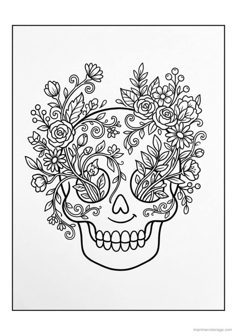 coloriage tete de mort fleurs trait epais - dessin gratuit &agrave; imprimer