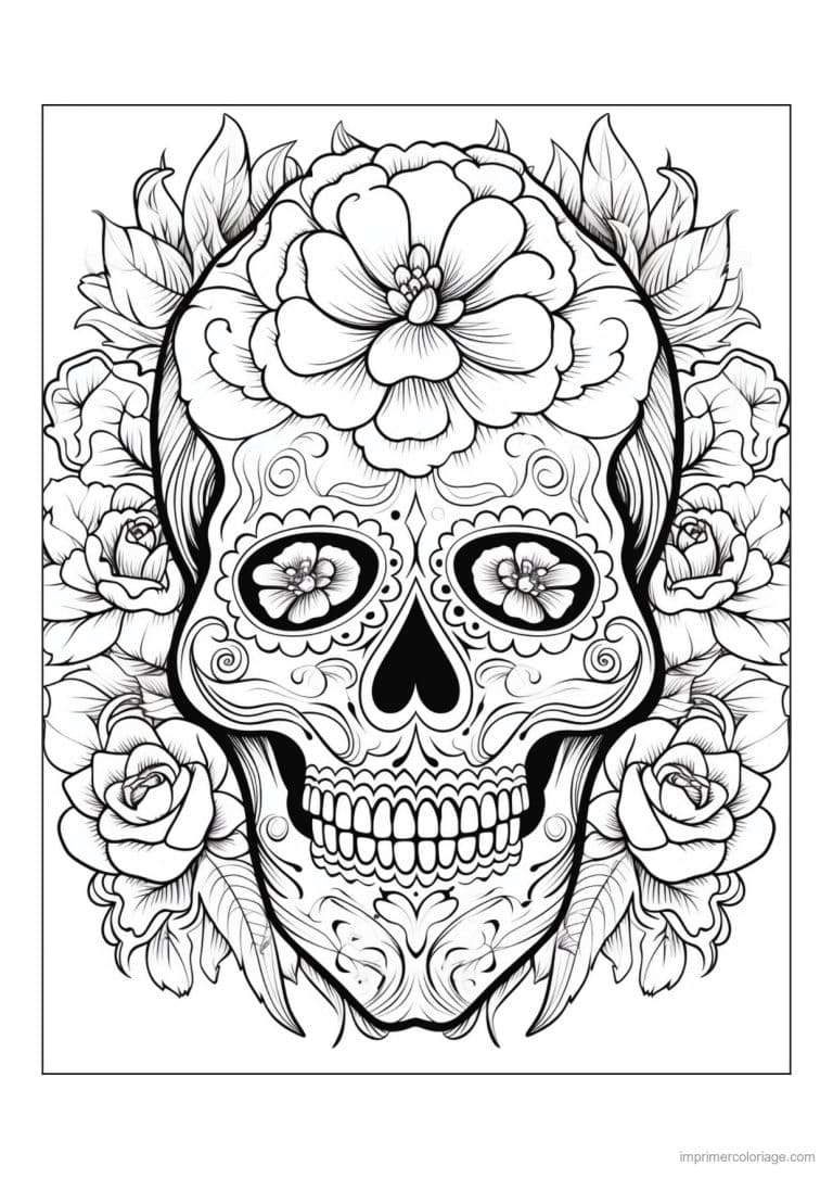 coloriage tete de mort grande fleur - dessin gratuit &agrave; imprimer