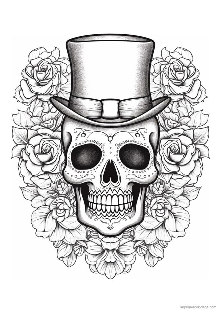coloriage tete de mort haut de forme roses - dessin gratuit &agrave; imprimer