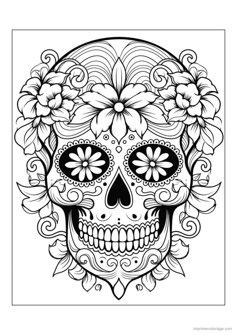 coloriage tete de mort larges fleurs - dessin gratuit &agrave; imprimer