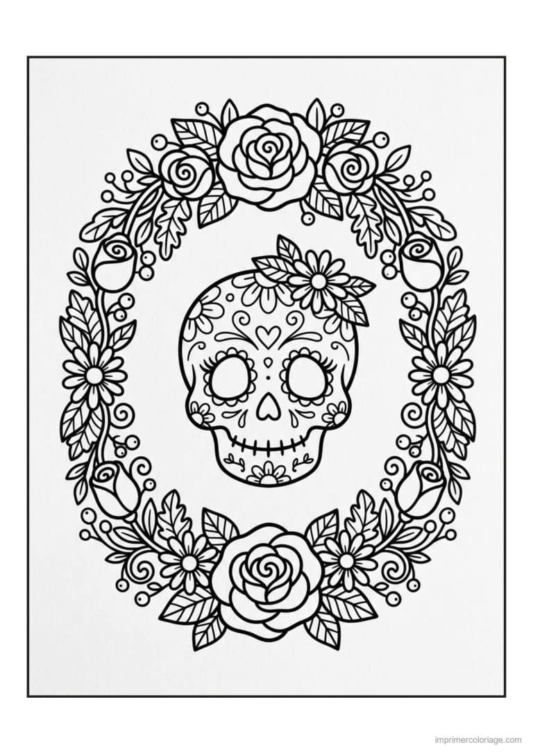 coloriage tete de mort medaillon de roses - dessin gratuit &agrave; imprimer
