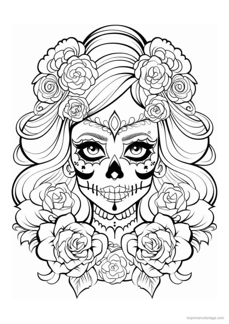 coloriage tete de mort mexicaine femme roses - dessin gratuit &agrave; imprimer