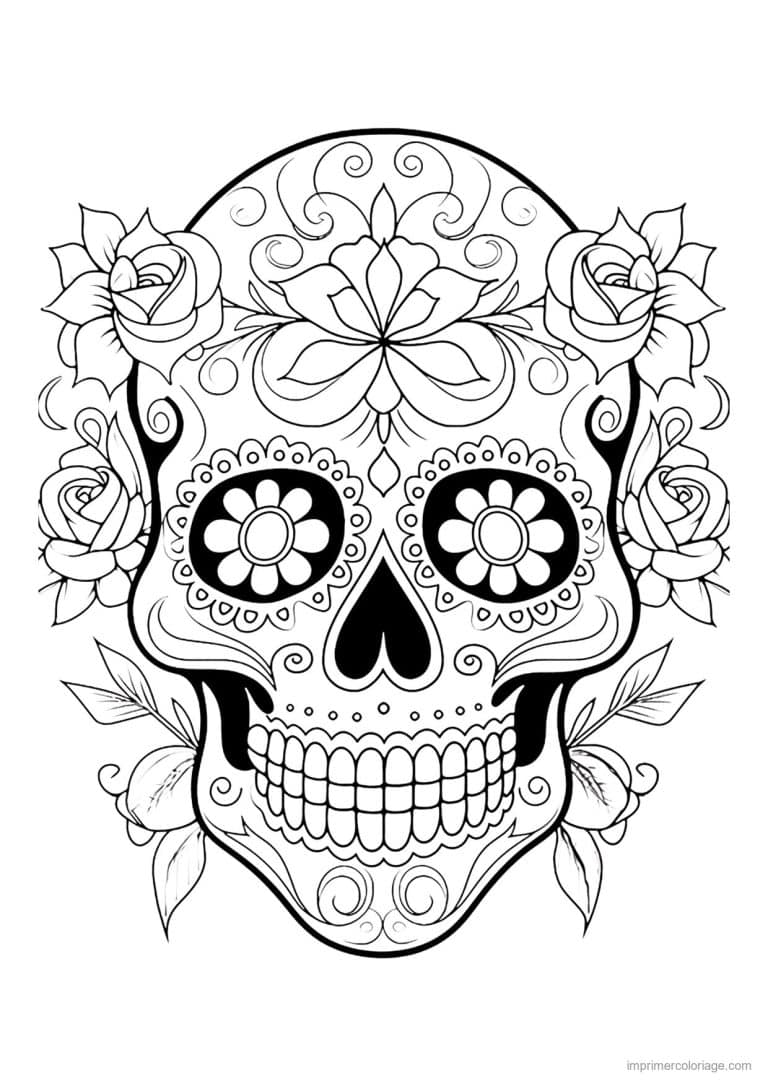 coloriage tete de mort roses et feuillage - dessin gratuit &agrave; imprimer