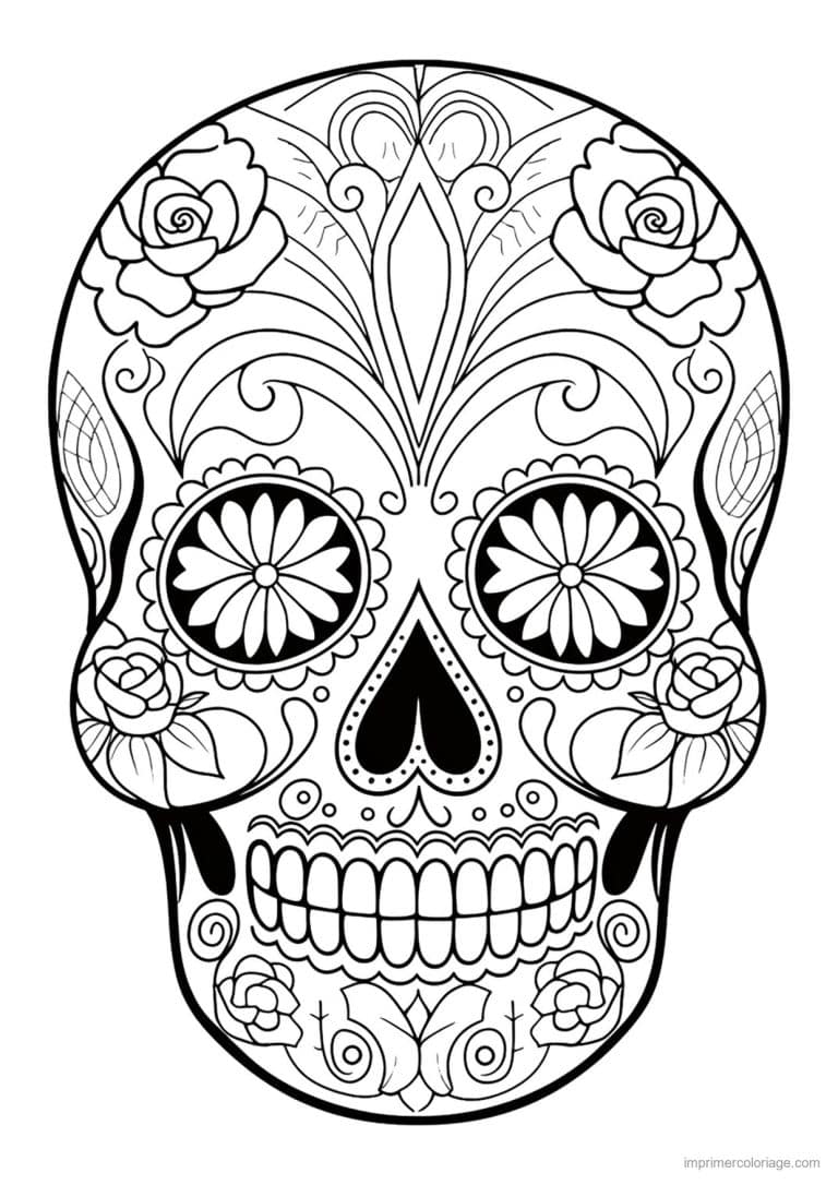 coloriage tete de mort roses et volutes - dessin gratuit &agrave; imprimer