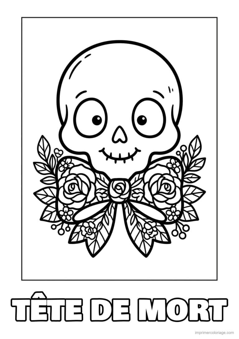 coloriage tete de mort souriante noeud de roses - dessin gratuit &agrave; imprimer