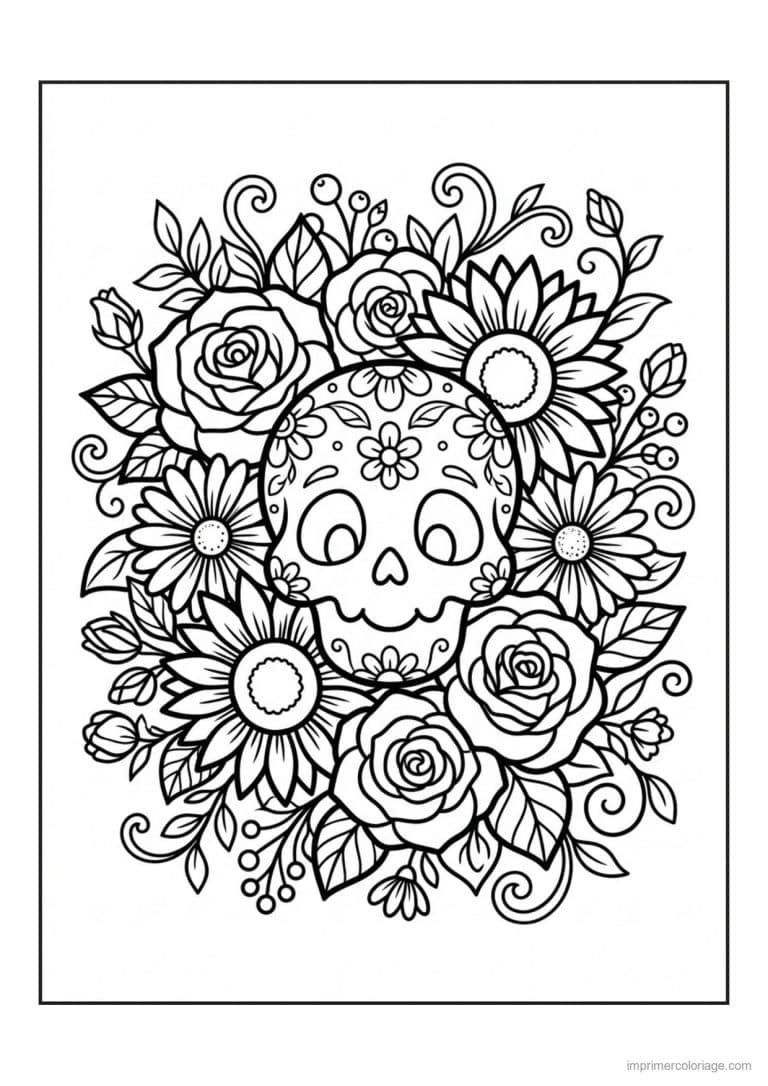 coloriage tete de mort tournesols et roses - dessin gratuit &agrave; imprimer