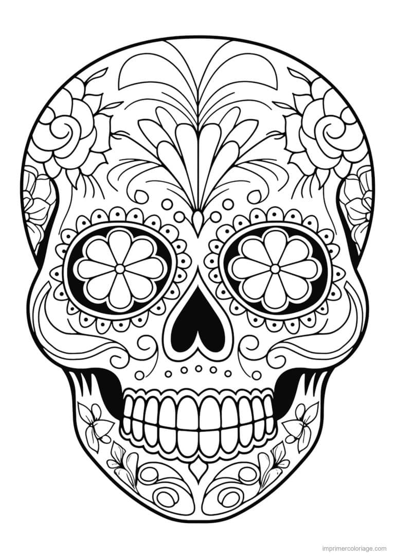 coloriage tete de mort yeux en fleurs - dessin gratuit &agrave; imprimer