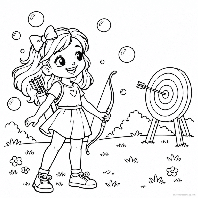 coloriage tir a l arc cute fille noeud arc fleche - dessin gratuit &agrave; imprimer