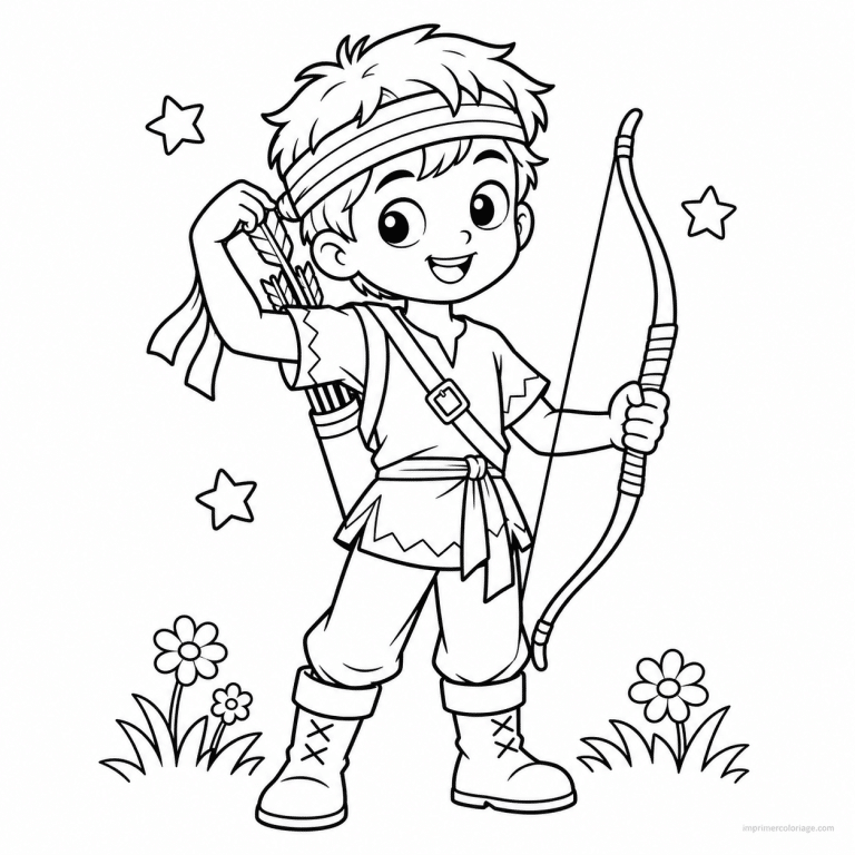 coloriage tir a l arc cute garcon bandeau arc carquois - dessin gratuit &agrave; imprimer
