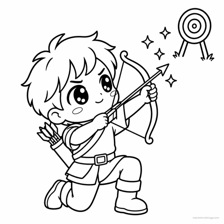 coloriage tir a l arc kawaii enfant arc genou cible - dessin gratuit &agrave; imprimer