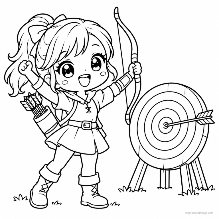coloriage tir a l arc kawaii fille arc cible reussie - dessin gratuit &agrave; imprimer